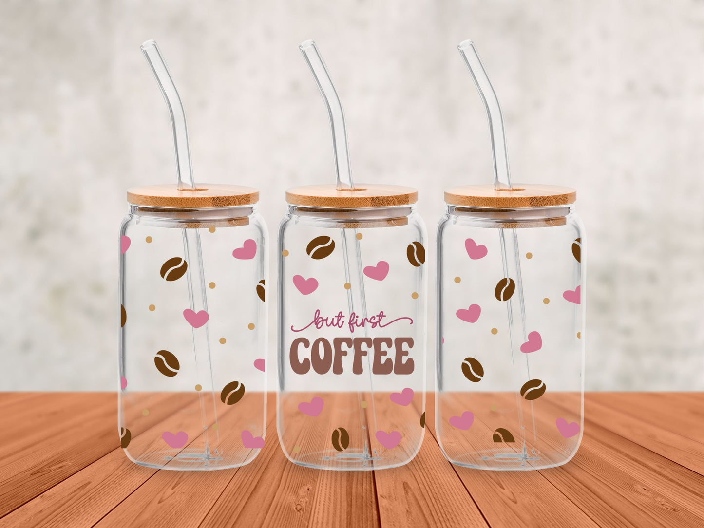 But First, Coffee – 16oz Glass Cup with Glass Straw